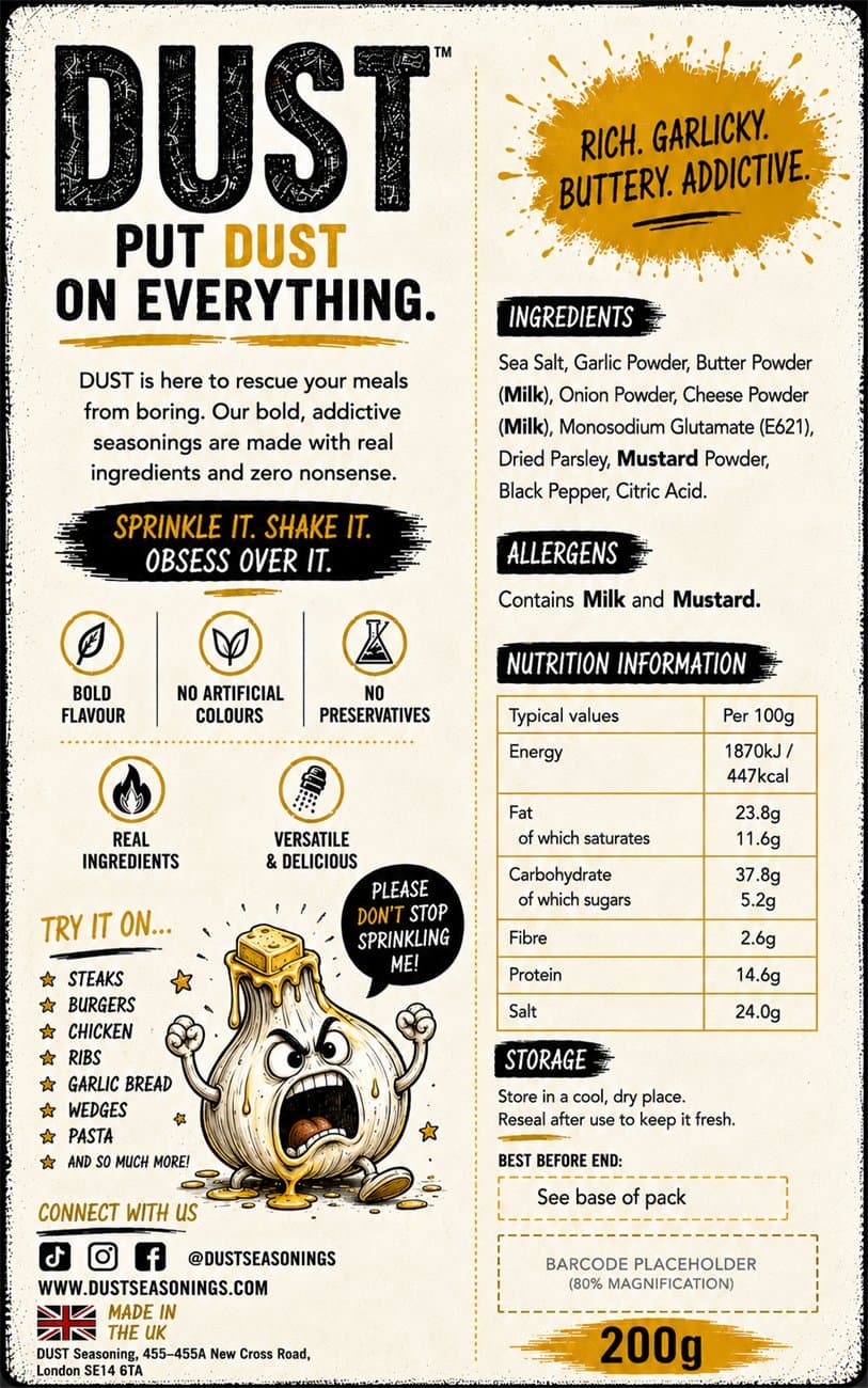 Back label of DUST Garlic Butter Bomb, showing ingredients, allergens and nutrition