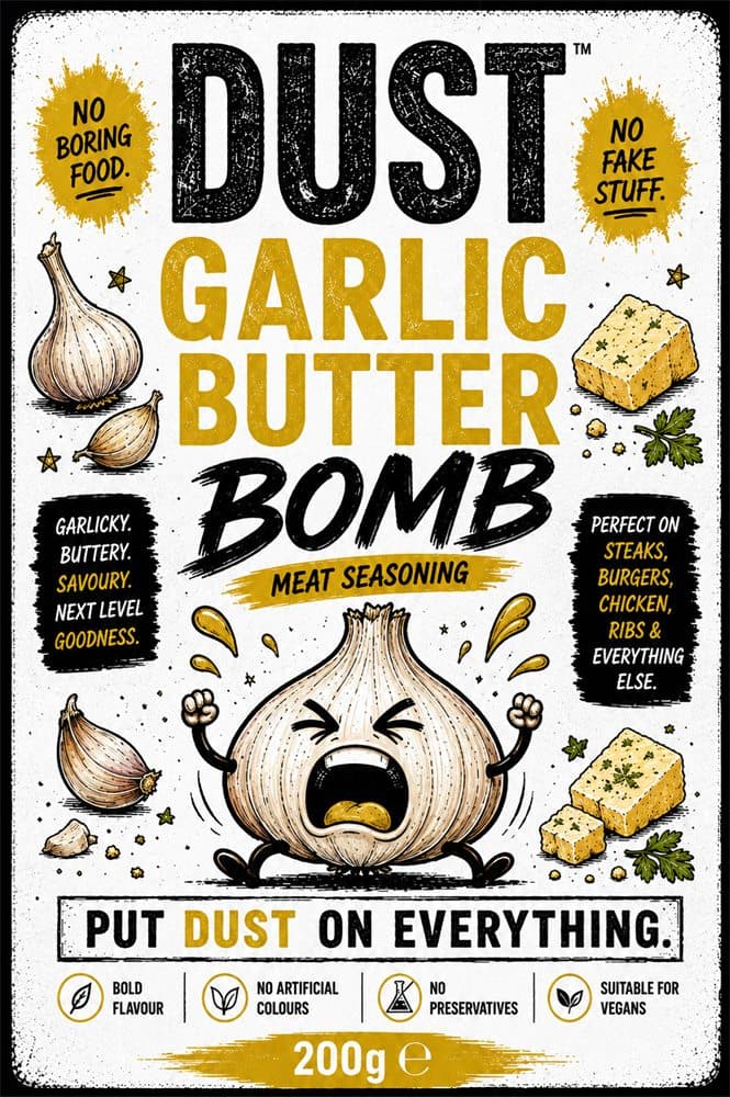Front label of DUST Garlic Butter Bomb
