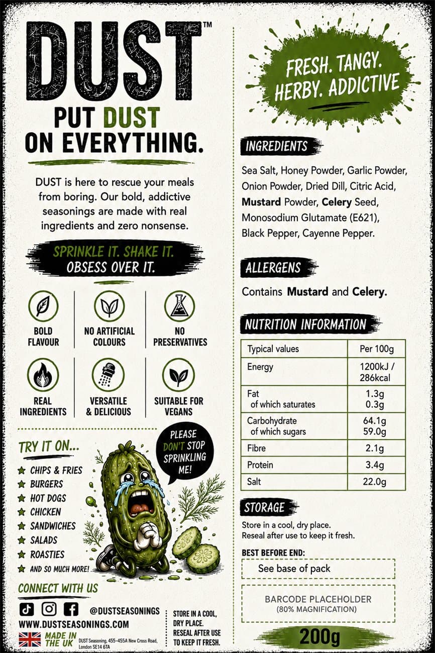 Back label of DUST Pickle Dill, showing ingredients, allergens and nutrition