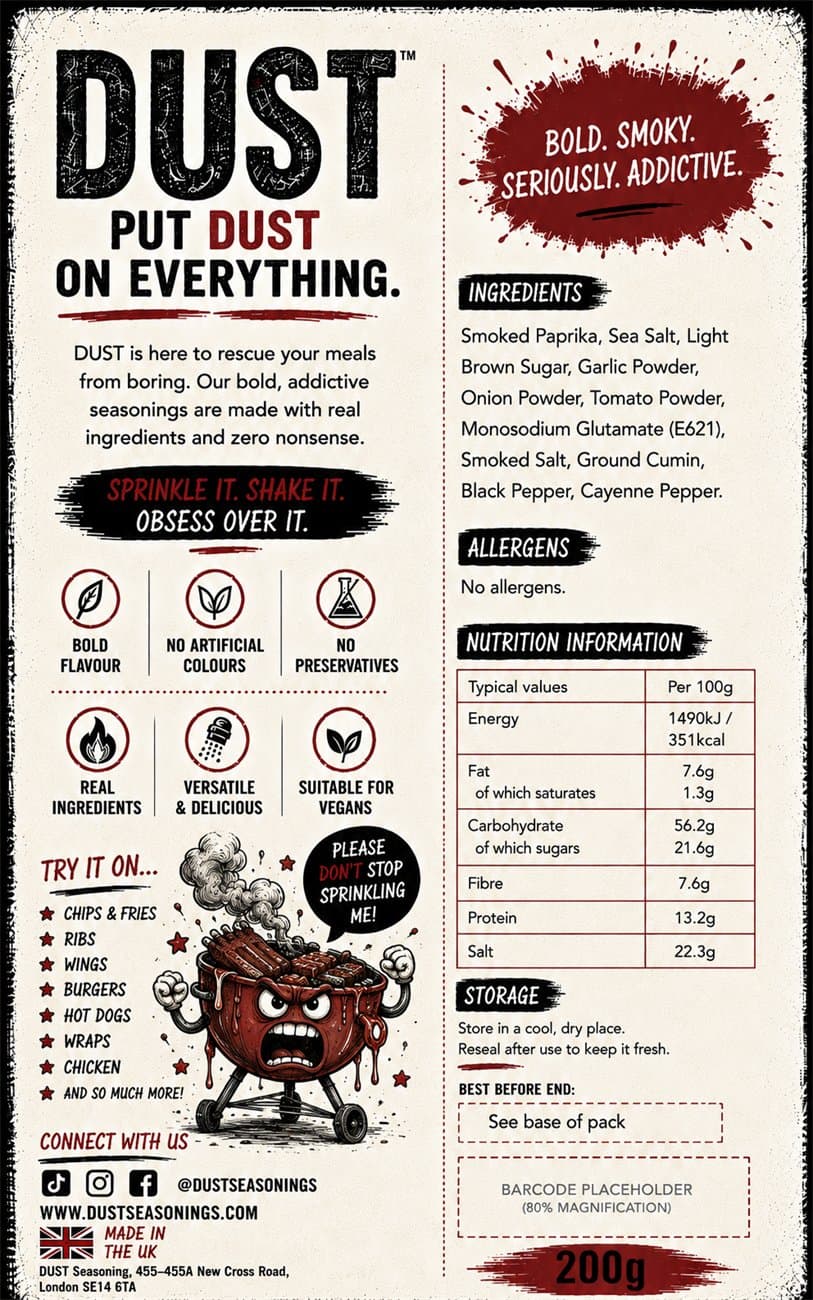 Back label of DUST Smoky BBQ, showing ingredients, allergens and nutrition