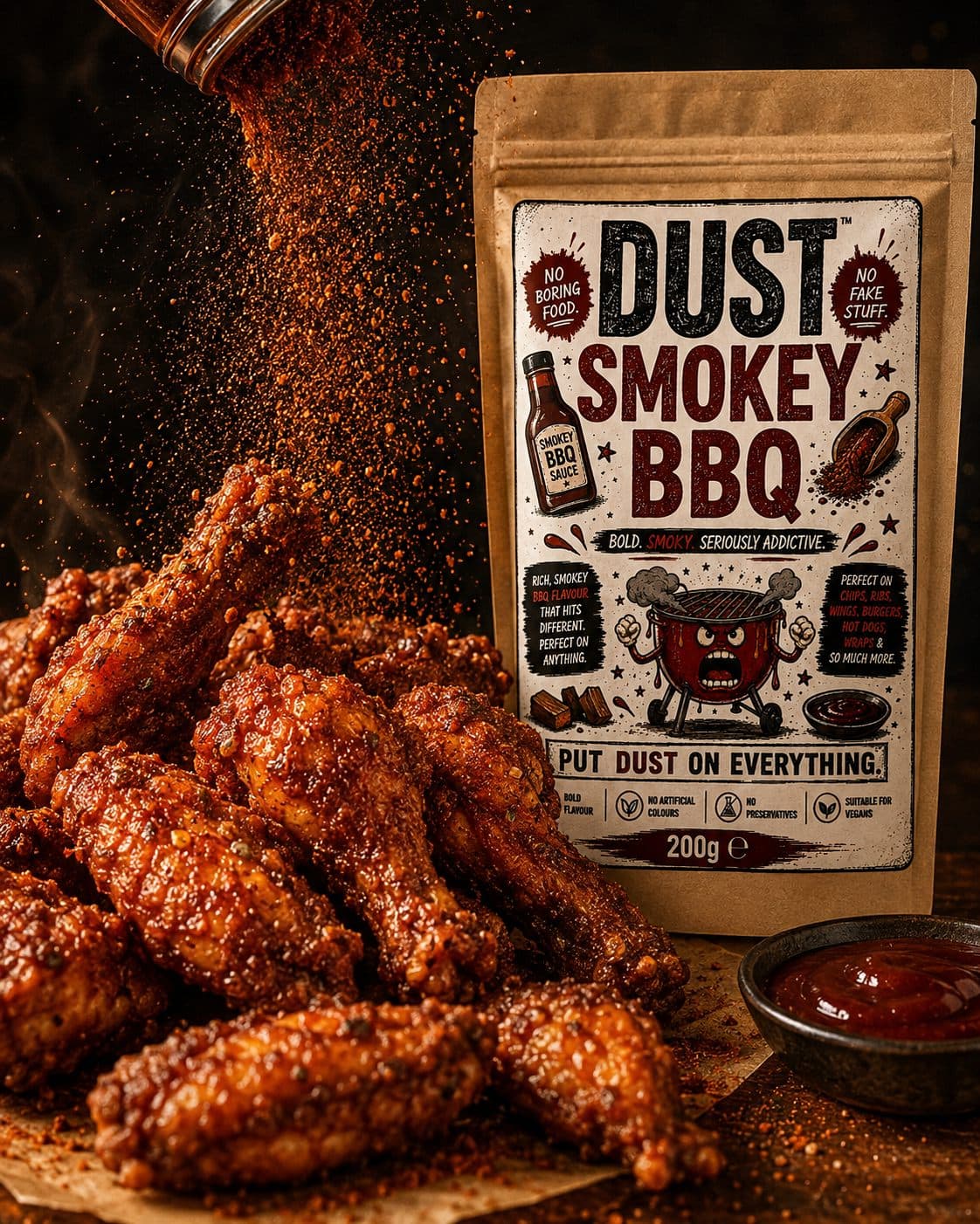 DUST being sprinkled over fried chicken
