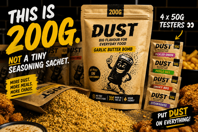 DUST 200g pouch compared with four 50g testers