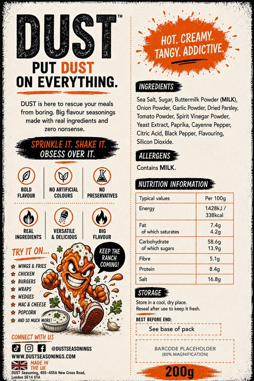 Back label of DUST Buffalo Ranch, showing ingredients, allergens and nutrition