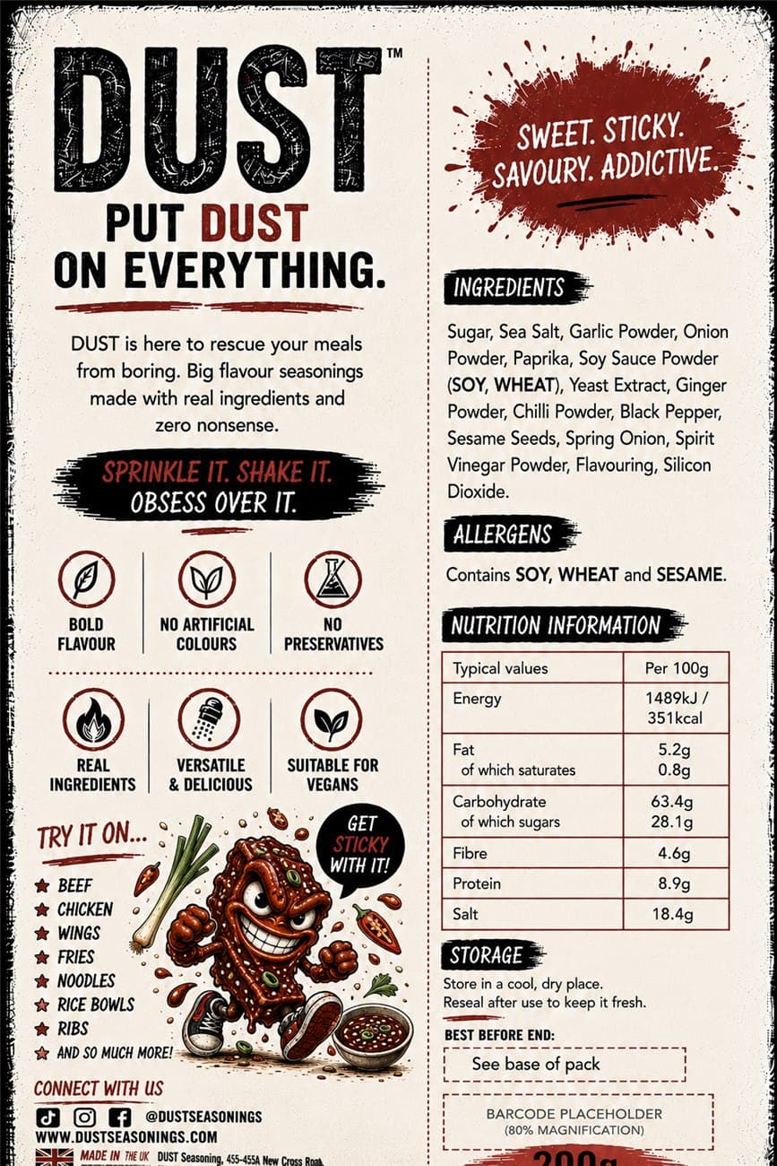 Back label of DUST Korean BBQ, showing ingredients, allergens and nutrition