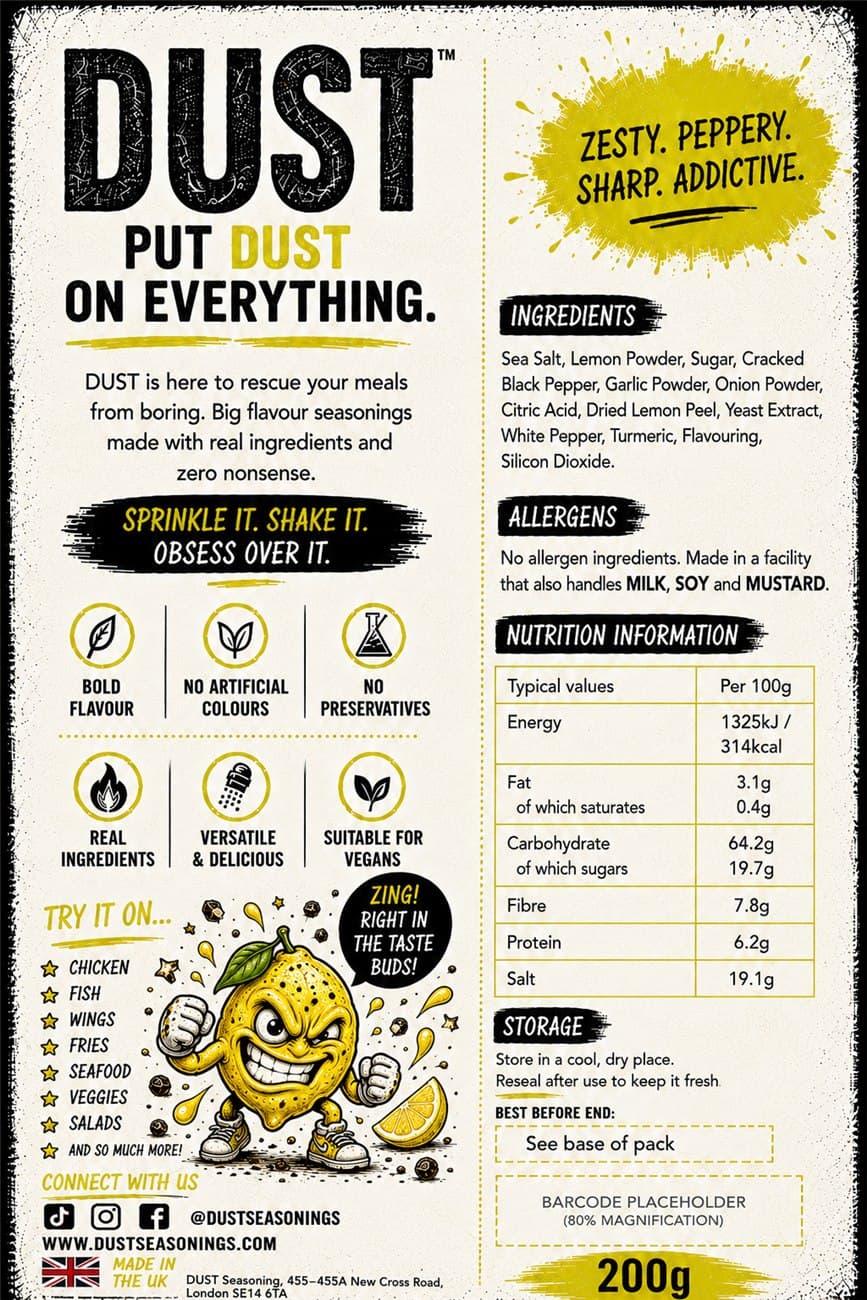 Back label of DUST Lemon Pepper Punch, showing ingredients, allergens and nutrition