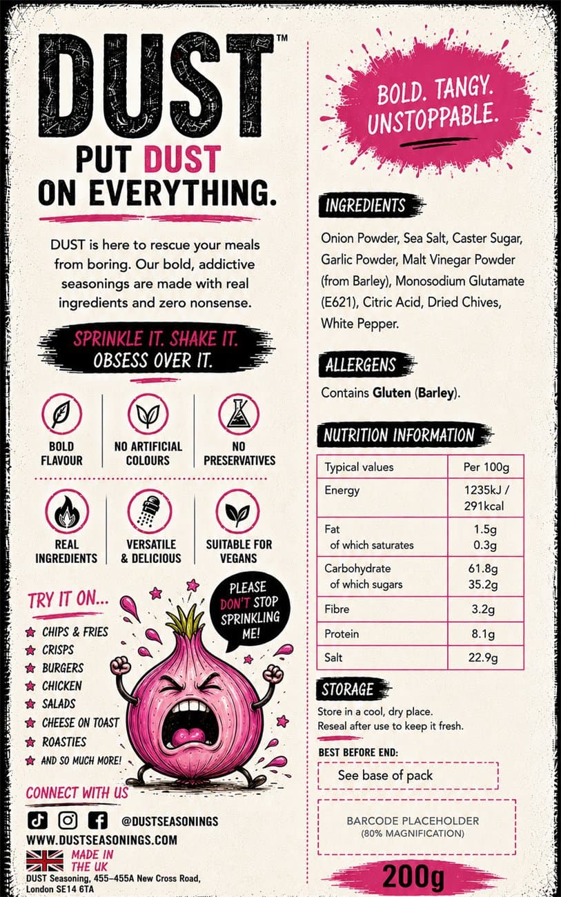 Back label of DUST Pickled Onion, showing ingredients, allergens and nutrition