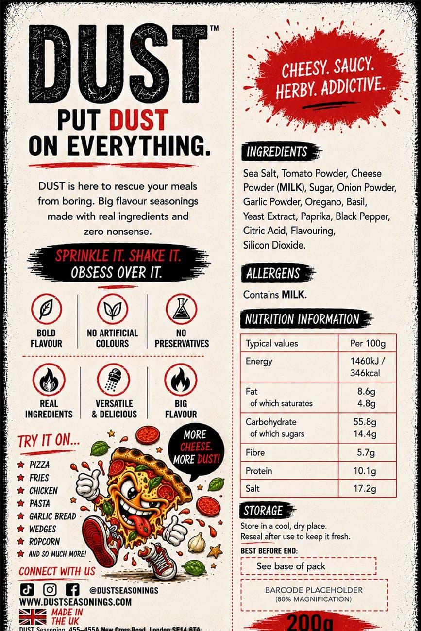 Back label of DUST Pizza Dust, showing ingredients, allergens and nutrition