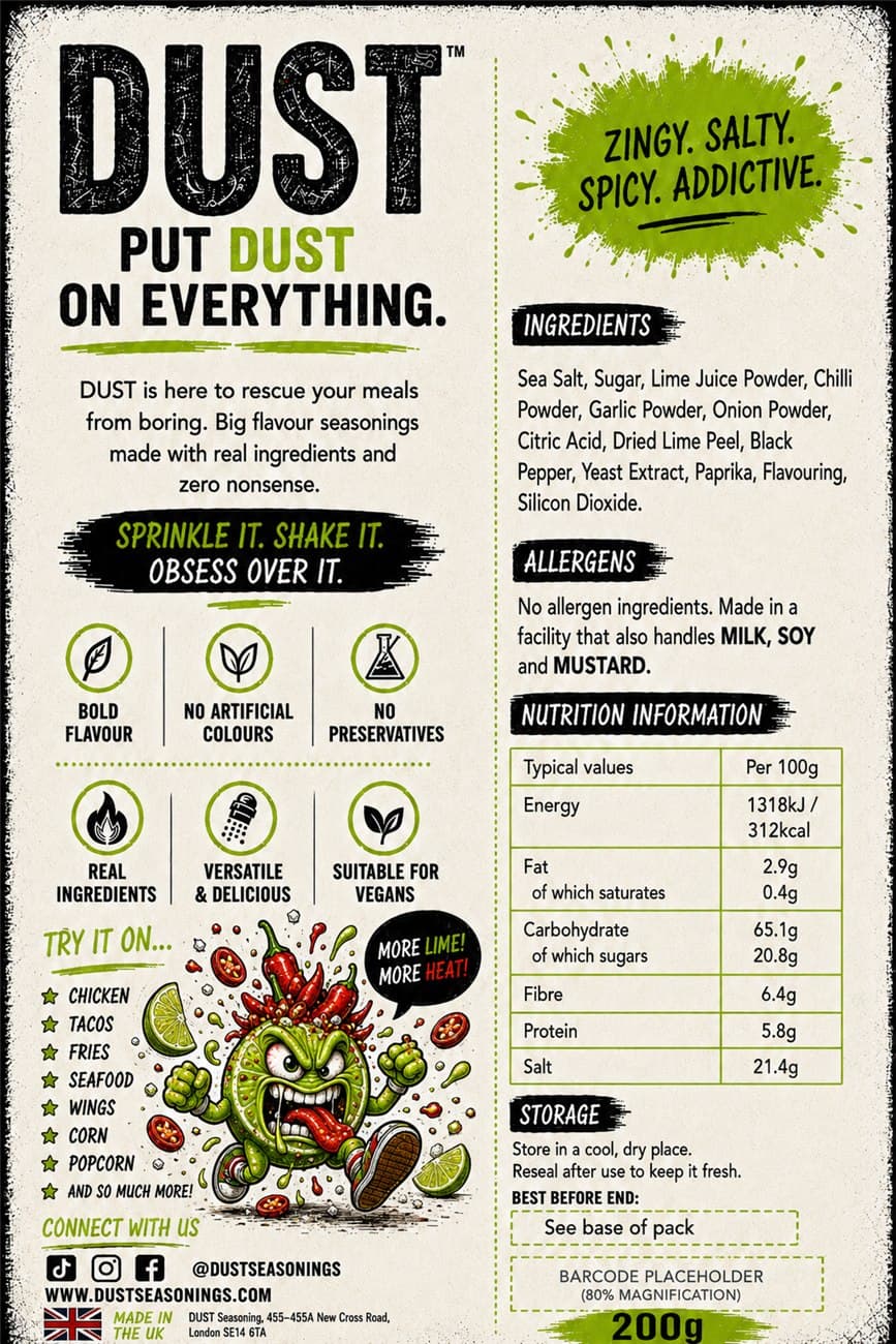 Back label of DUST Salted Chilli Lime, showing ingredients, allergens and nutrition