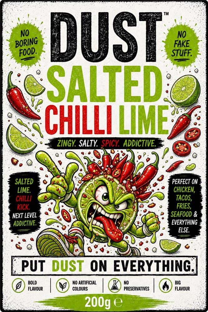 Front label of DUST Salted Chilli Lime