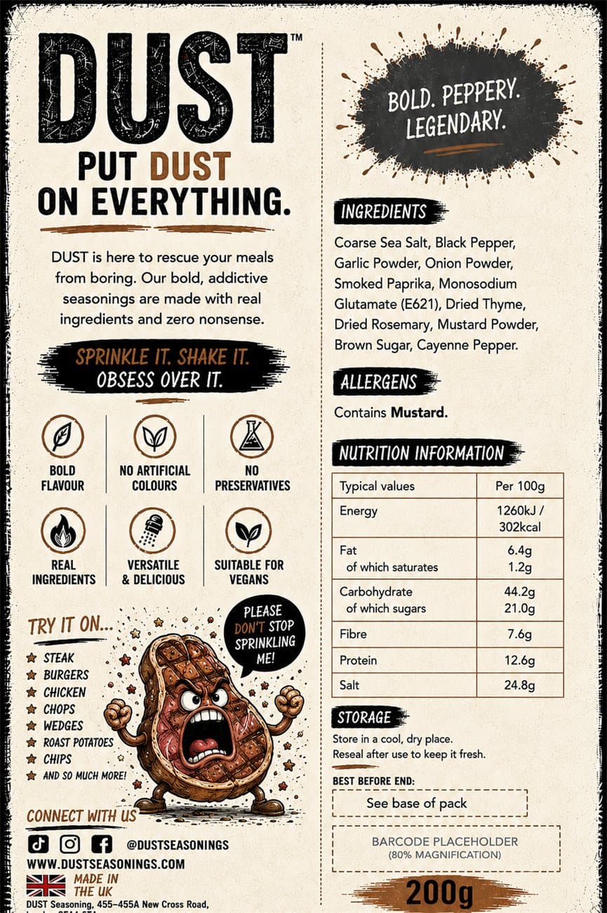 Back label of DUST Steakhouse, showing ingredients, allergens and nutrition
