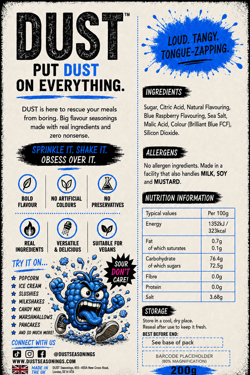 Back label of DUST Blue Raspberry Sour Pop, showing ingredients, allergens and nutrition