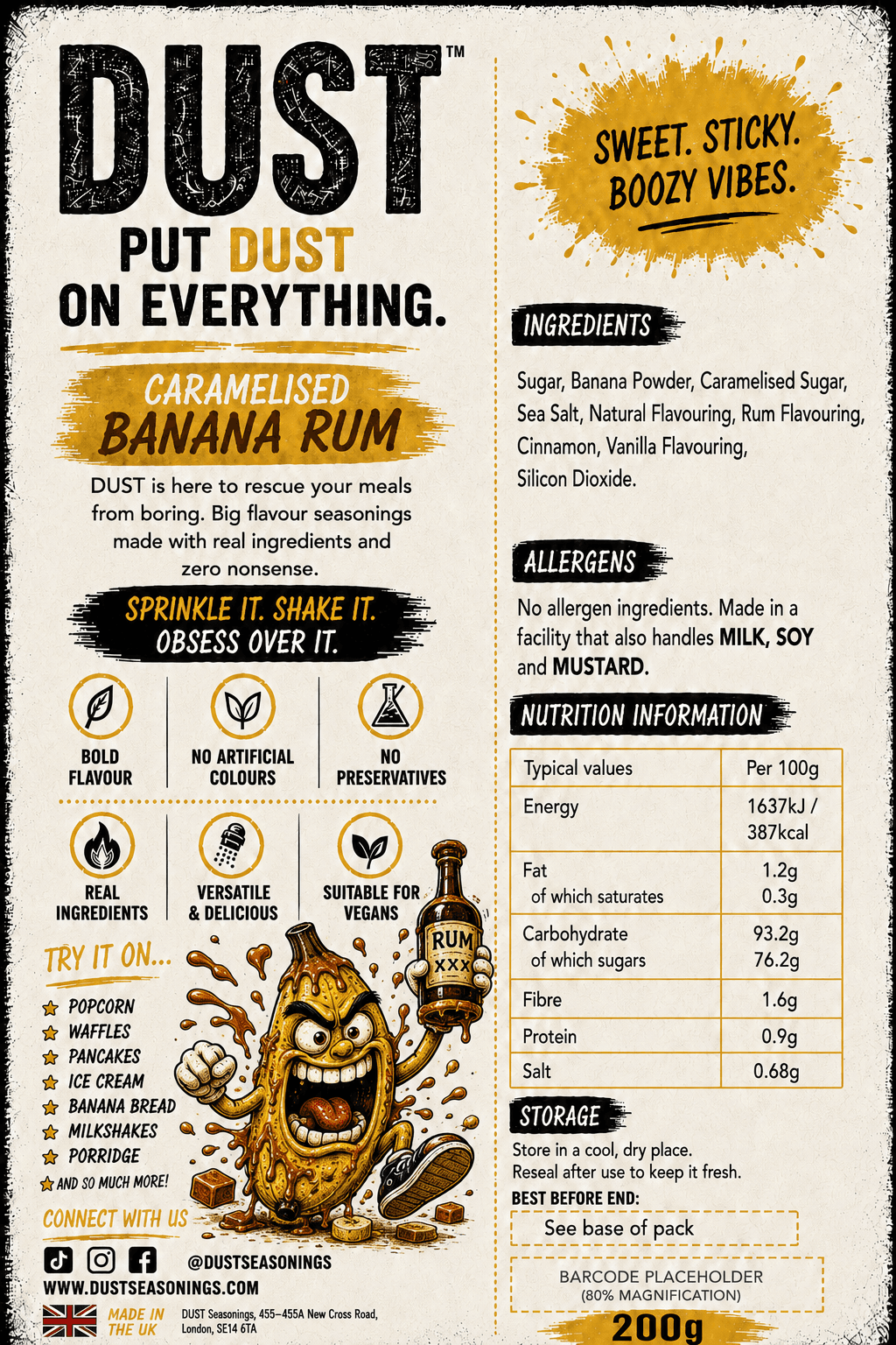 Back label of DUST Caramelised Banana Rum, showing ingredients, allergens and nutrition