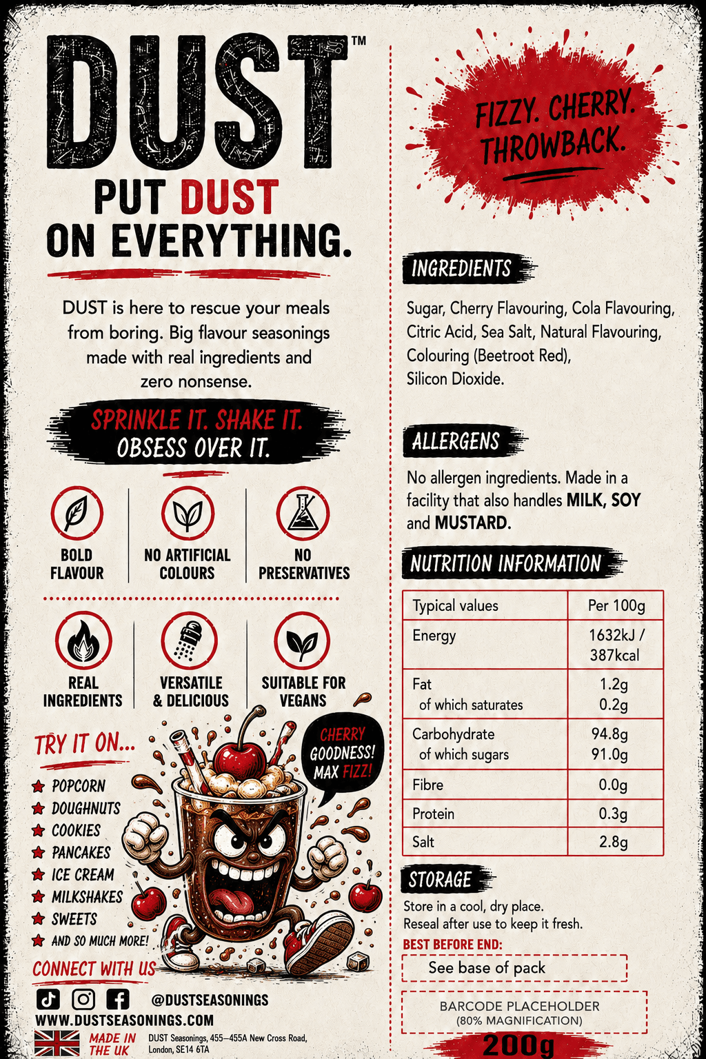 Back label of DUST Cherry Cola, showing ingredients, allergens and nutrition