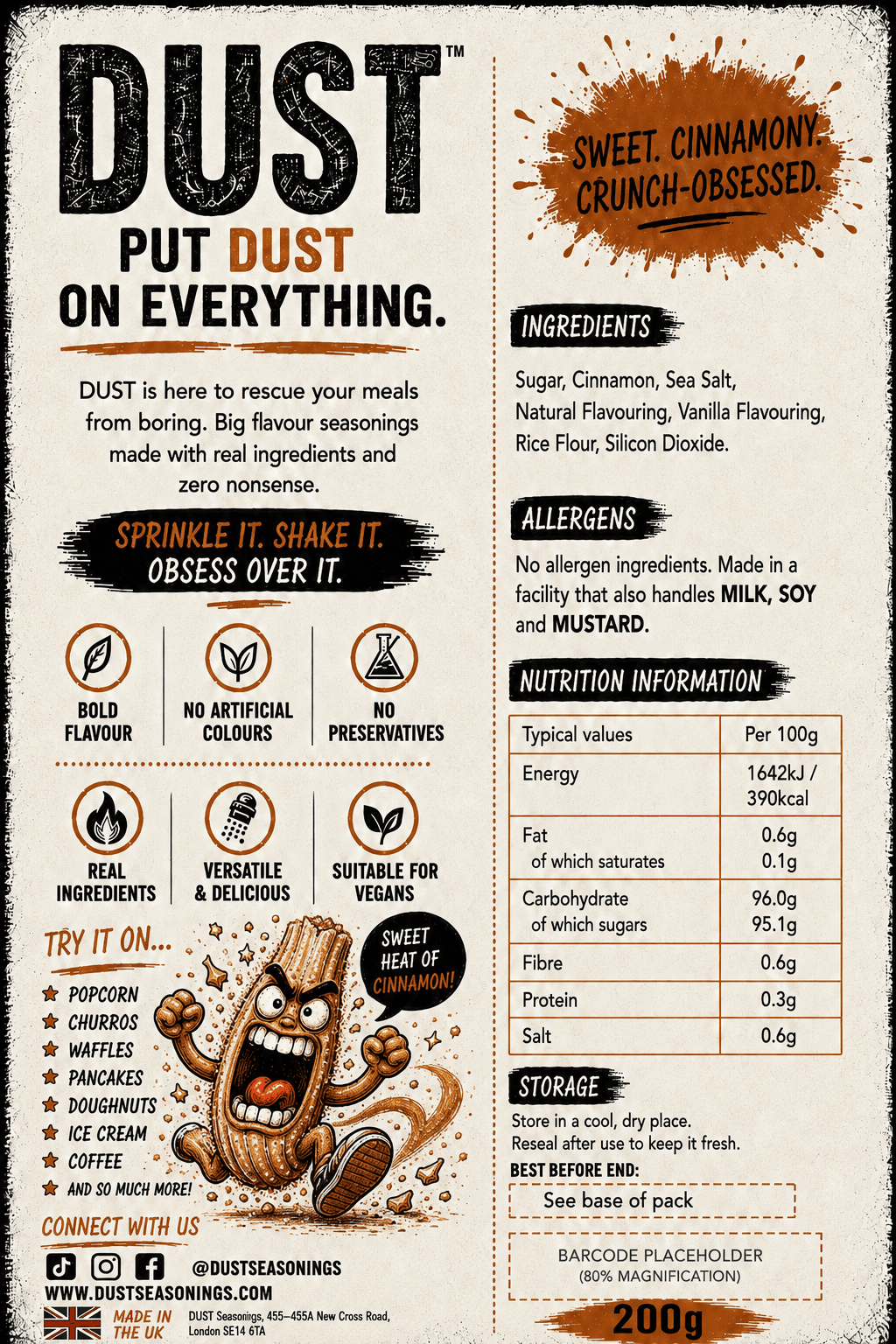 Back label of DUST Cinnamon Sugar Churro, showing ingredients, allergens and nutrition