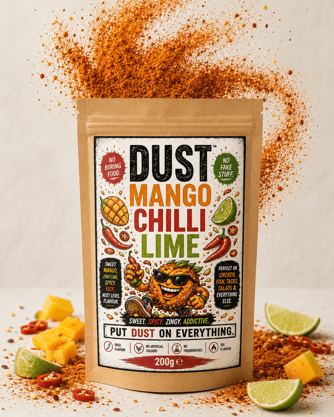DUST Mango Chilli Lime seasoning pouch, front of pack