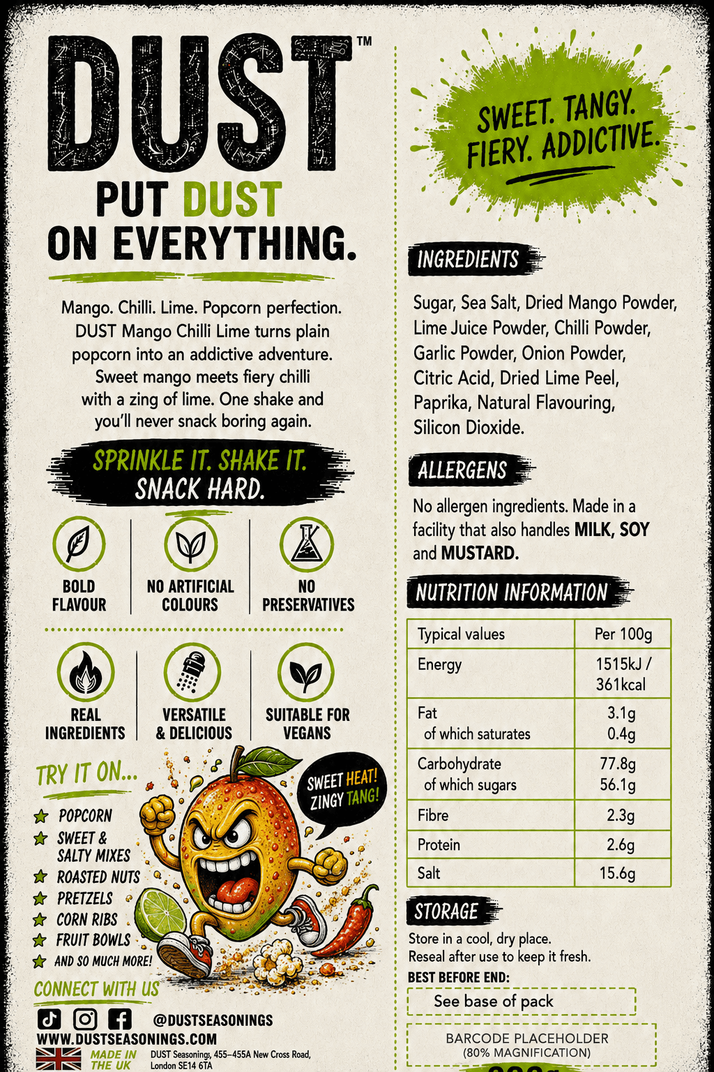 Back label of DUST Mango Chilli Lime, showing ingredients, allergens and nutrition