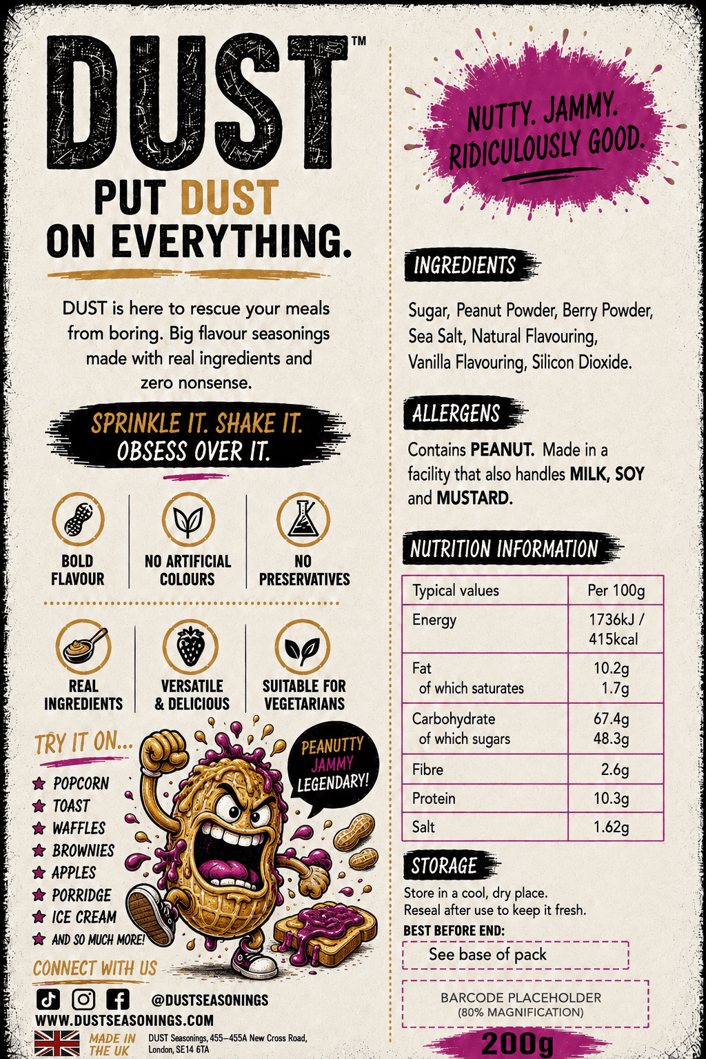 Back label of DUST Peanut Butter & Jelly, showing ingredients, allergens and nutrition