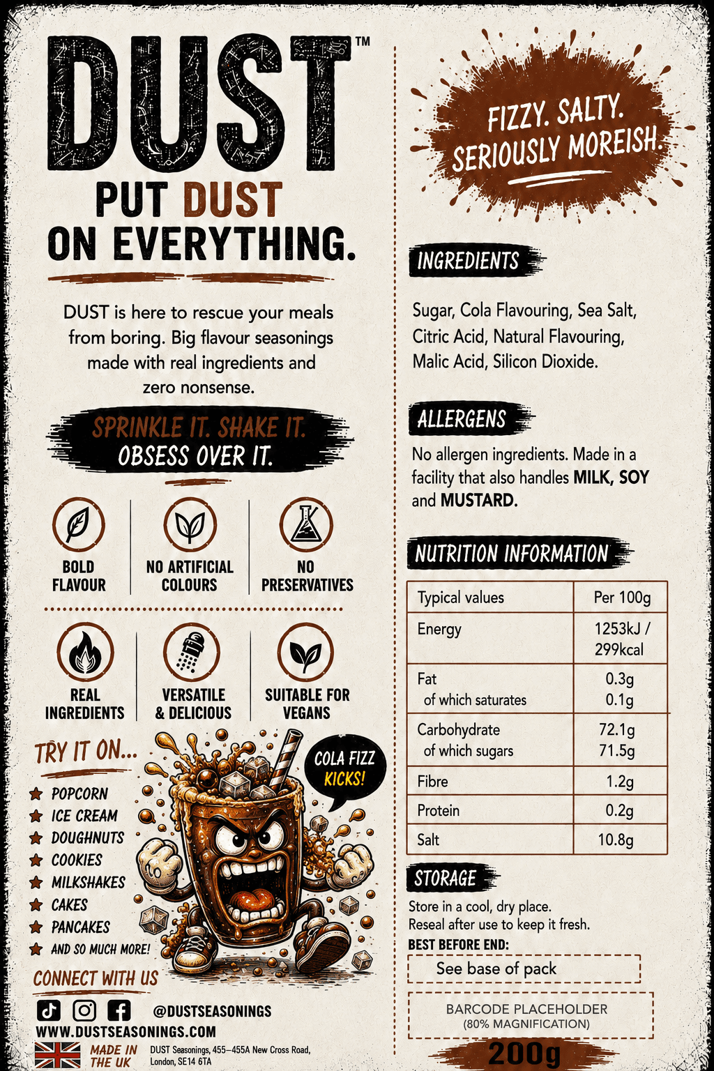 Back label of DUST Salted Cola Fizz, showing ingredients, allergens and nutrition