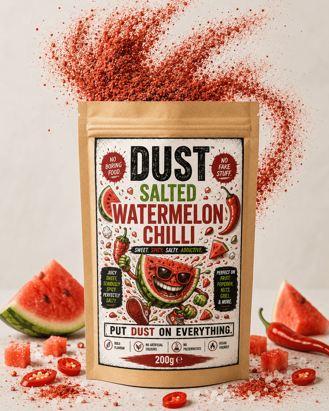 DUST Salted Watermelon Chilli seasoning pouch, front of pack