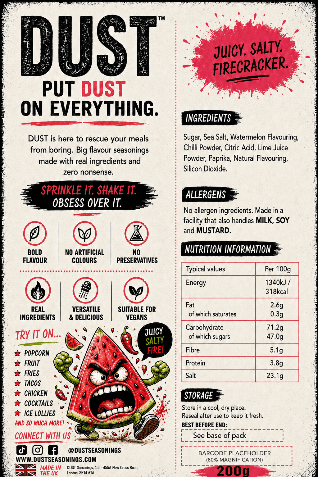 Back label of DUST Salted Watermelon Chilli, showing ingredients, allergens and nutrition